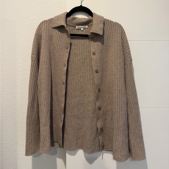 Reformation Sweaters - Reformation Ribbed Button-Up Cardigan in Taupe